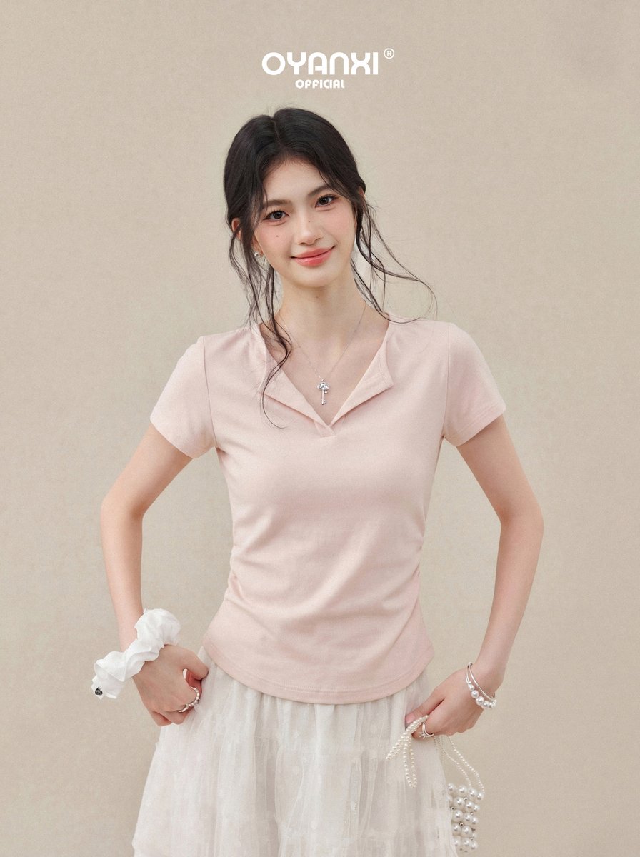 OYANXI ヘンリーネック スリム ショート丈 半袖Tシャツ