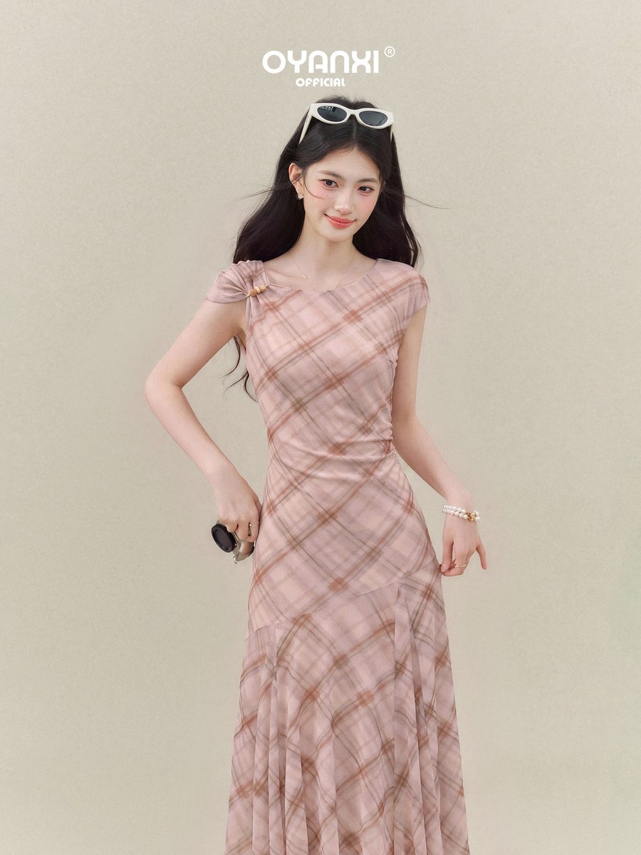 OYANXI チェック柄 アシンメトリー マーメイドロングワンピース
