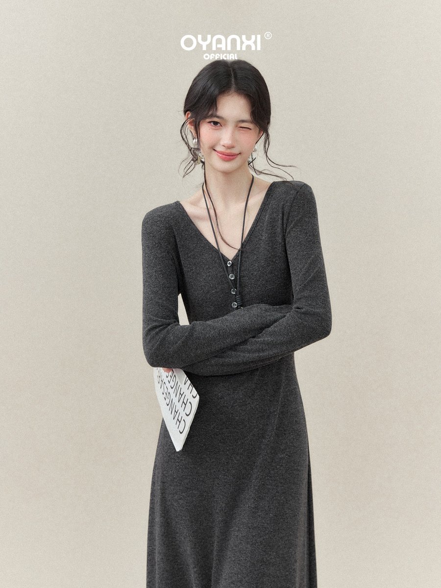 OYANXI Vネック スリム ロング ニットワンピース