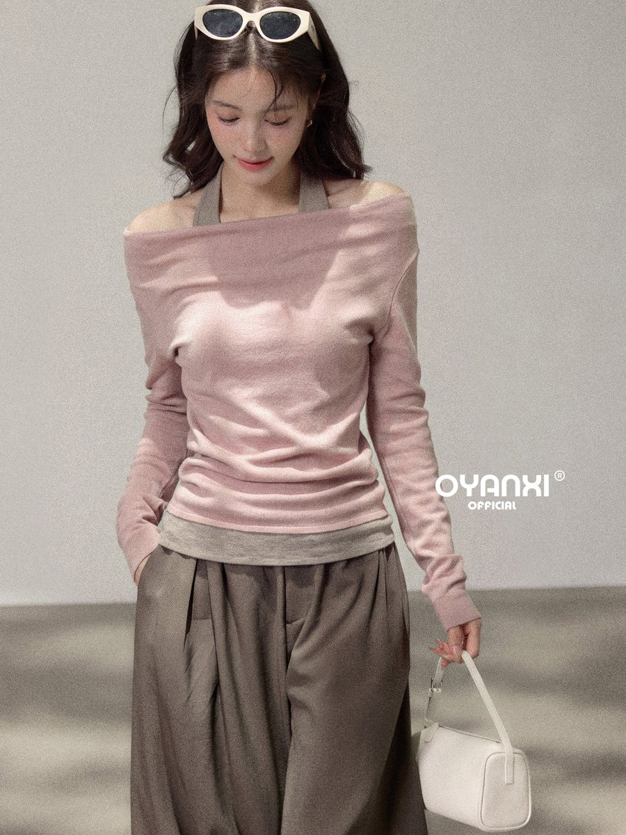 OYANXI ホルターネック ドレープ フェイクレイヤード スリム長袖ニット