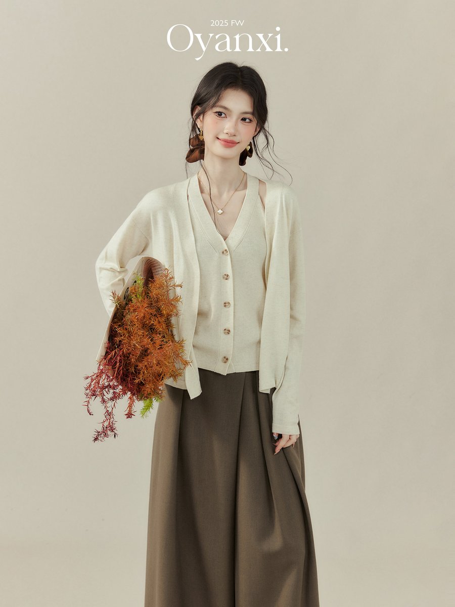 OYANXI ハイウエスト ストレート ワイドパンツ ブラウン