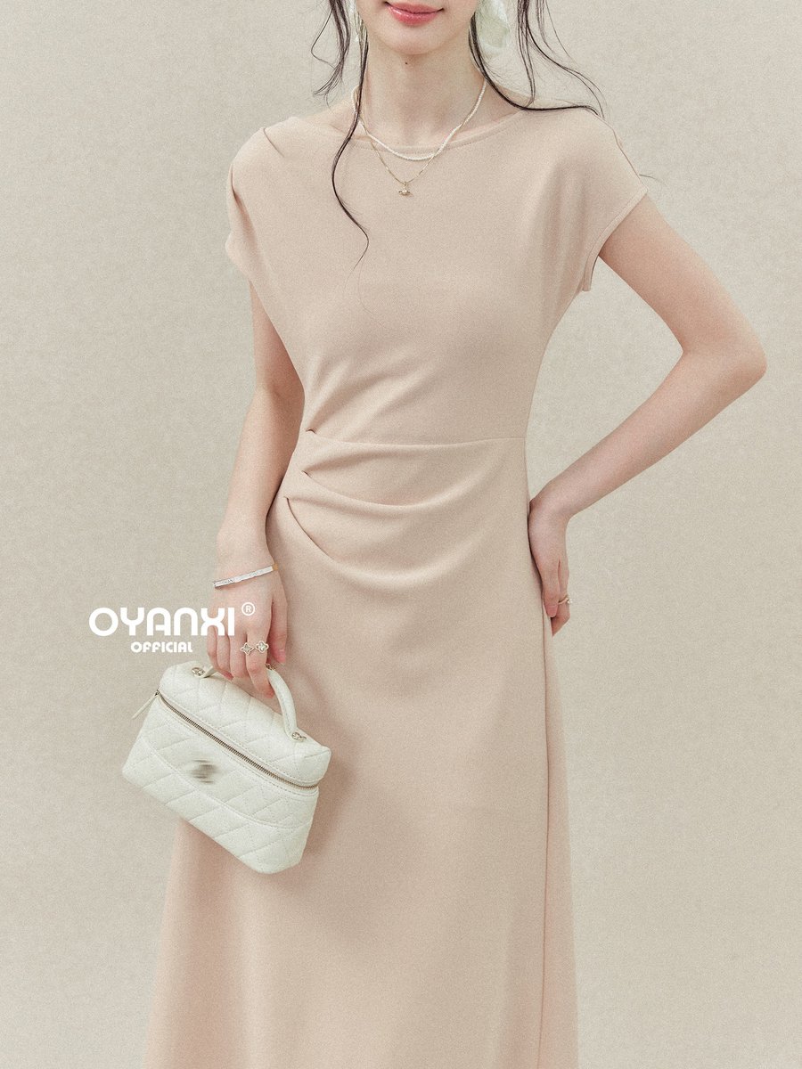 OYANXI クルーネック ウエストマーク 半袖ロングワンピース