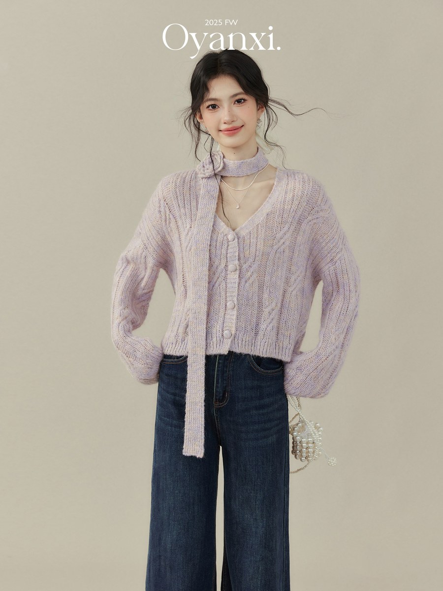 OYANXI リボンタイ Vネック 長袖ニット パープル