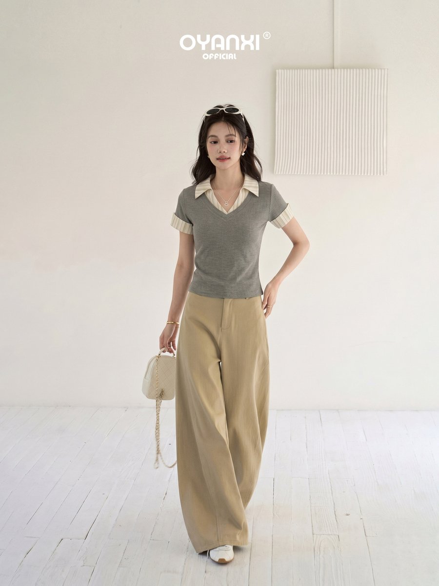 OYANXI 襟付き フェイクレイヤード ショート丈 半袖Tシャツ