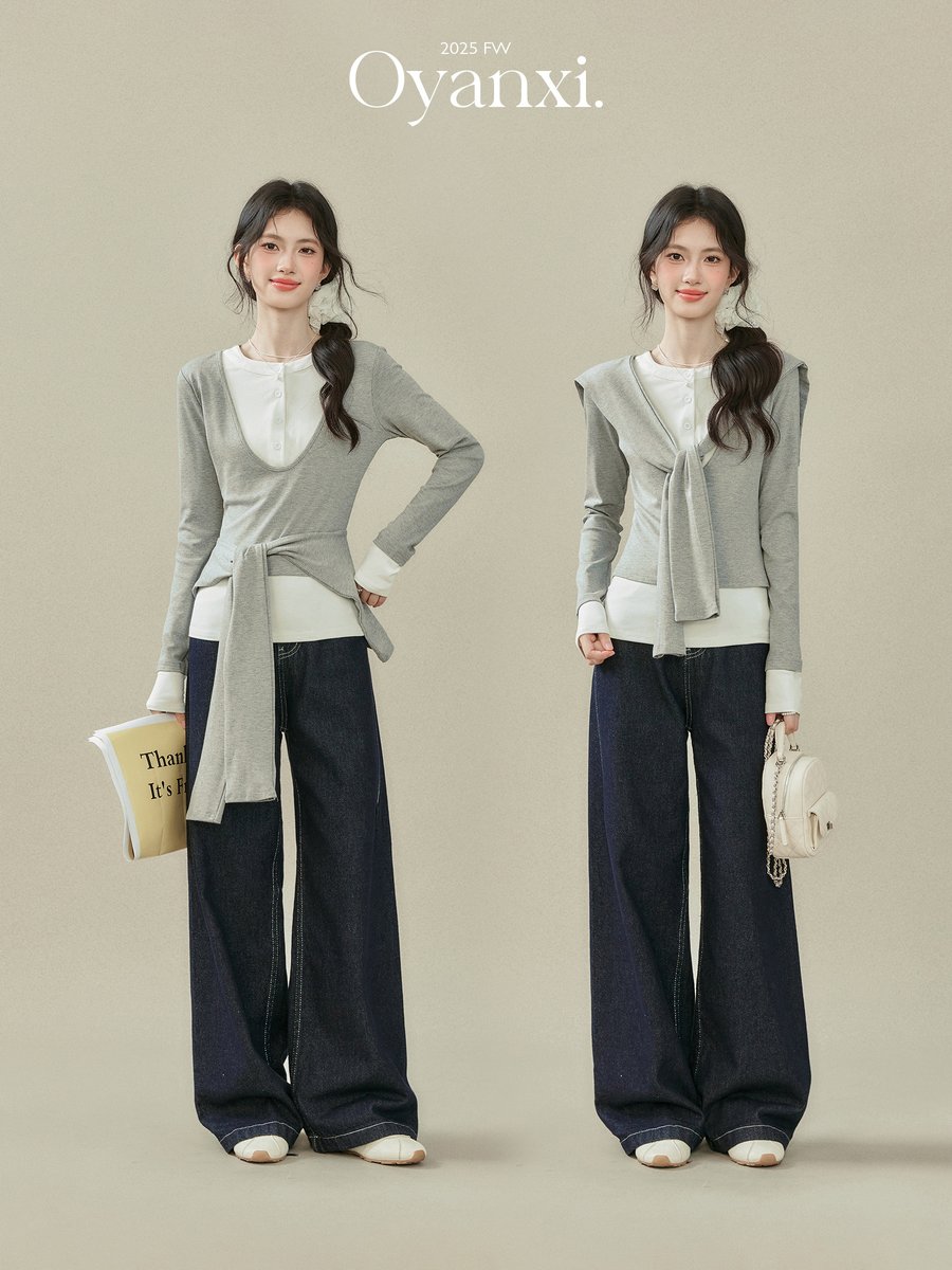OYANXI ショール付き フェイクレイヤード 長袖Tシャツ