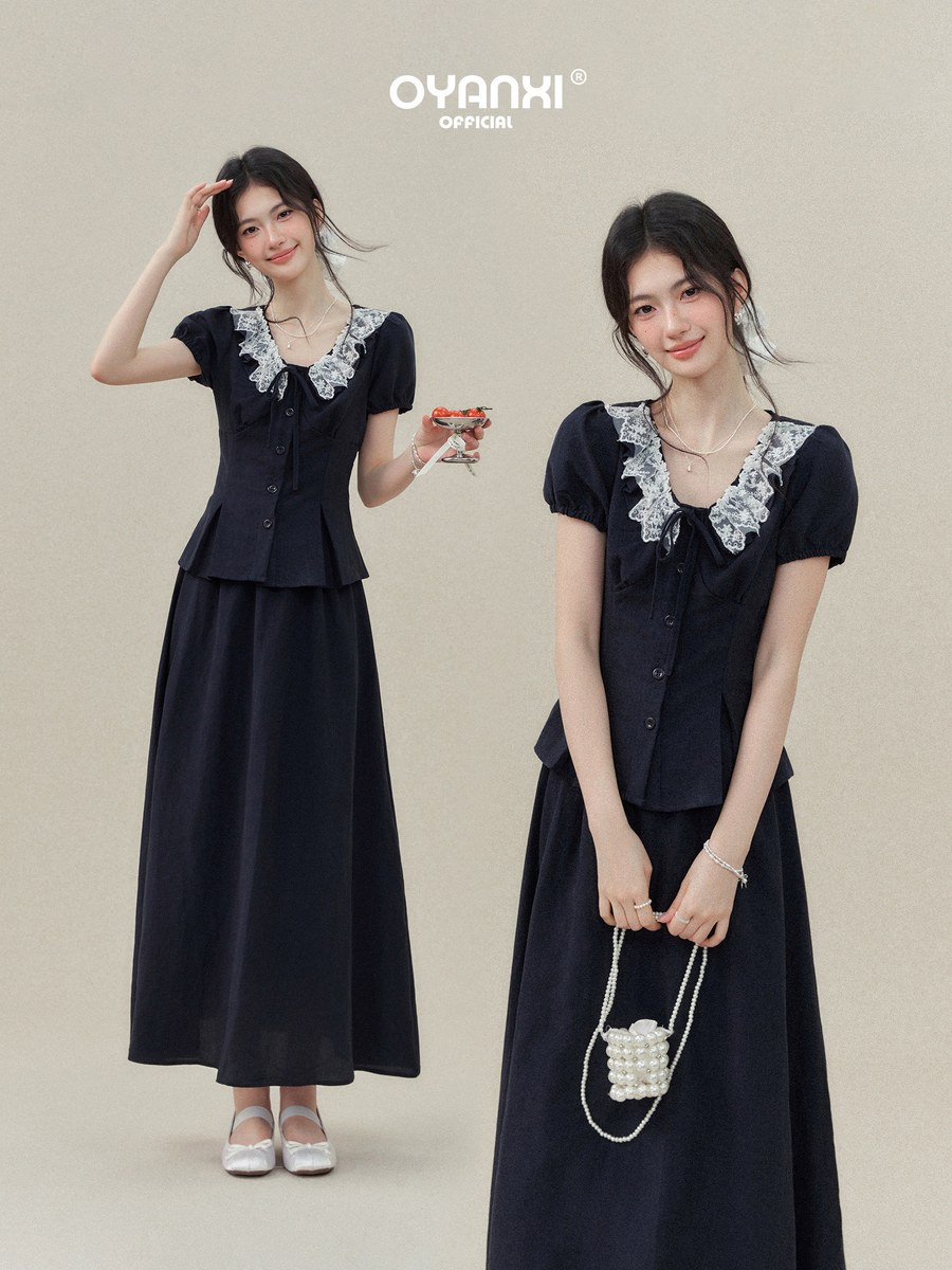 OYANXI レーストリム 半袖シャツ＆ウエストゴムスカート セットアップ
