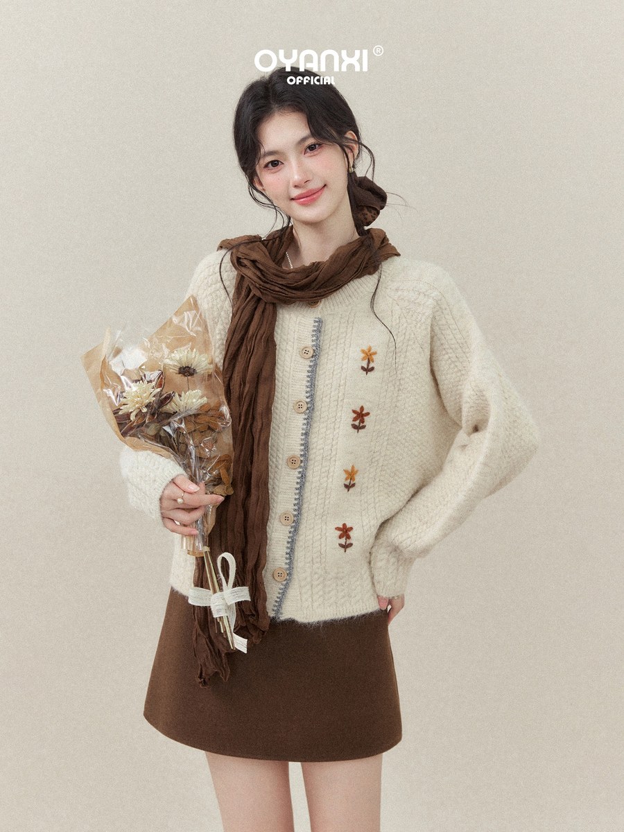 OYANXI 小花刺繍 クルーネック ニットカーディガン