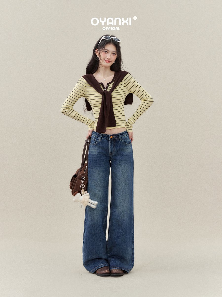 OYANXI ケープ付き フェイクレイヤード ボーダーニット
