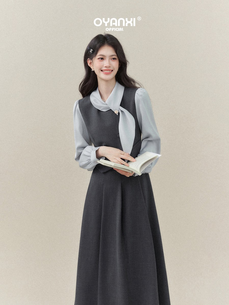 OYANXI フェイクレイヤード ベスト風 ロングワンピース