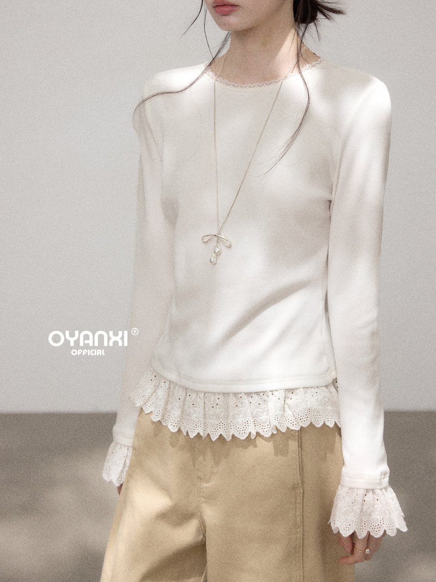 OYANXI レーストリム クルーネック スリム 長袖Tシャツ