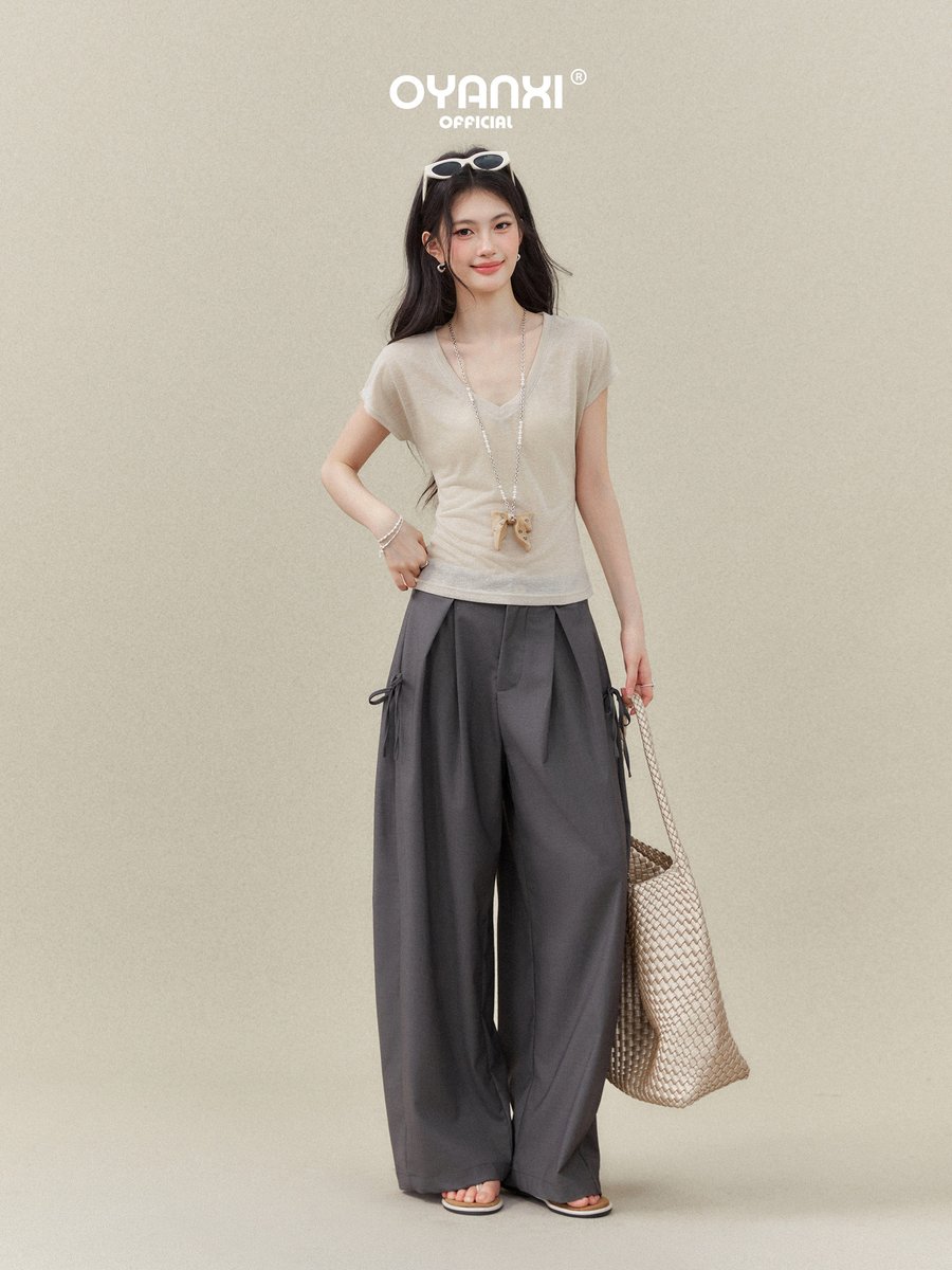 OYANXI Vネック ウエストシェイプ 半袖Tシャツ