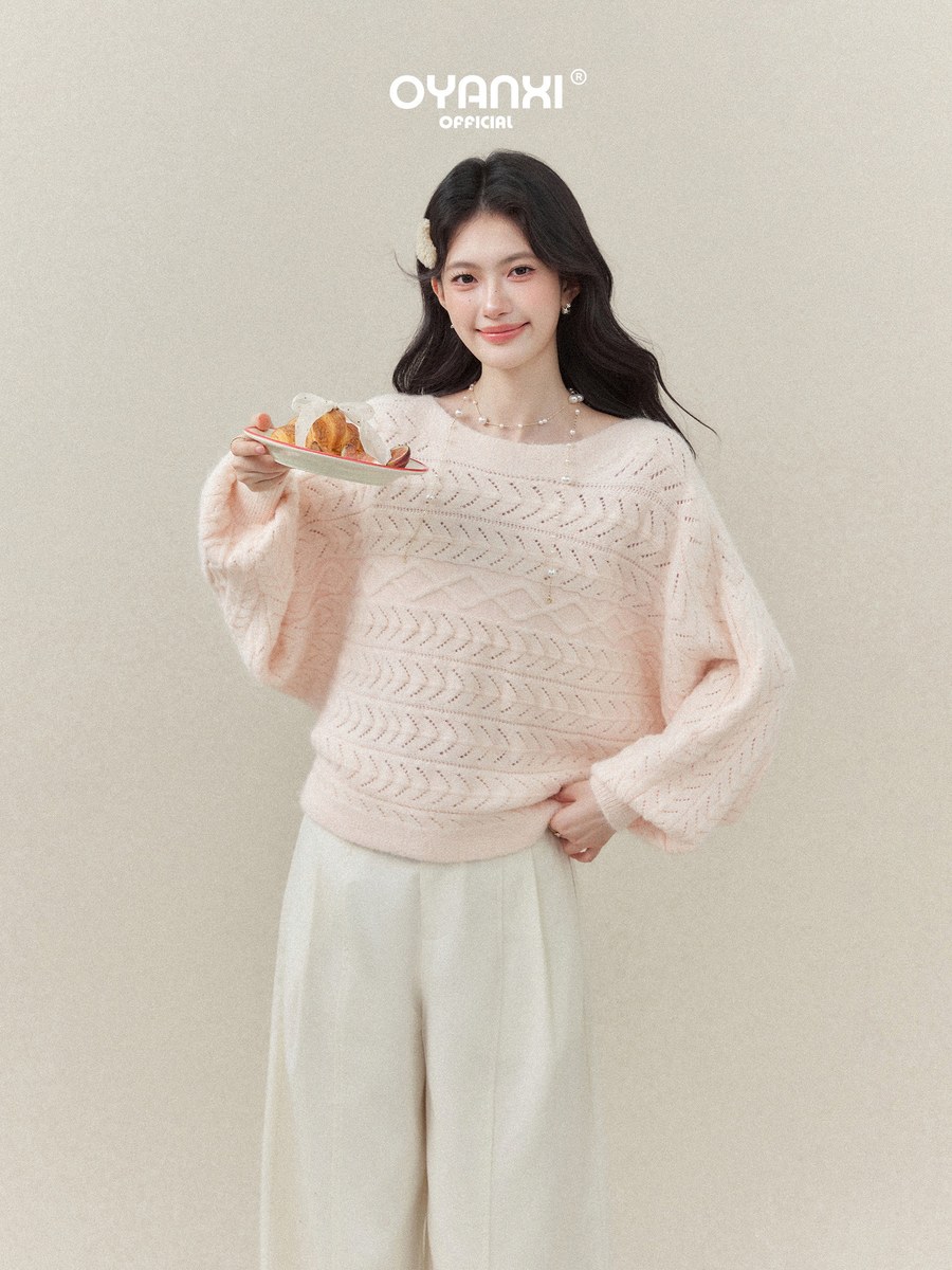 OYANXI 透かしケーブル編み ランタンスリーブニット