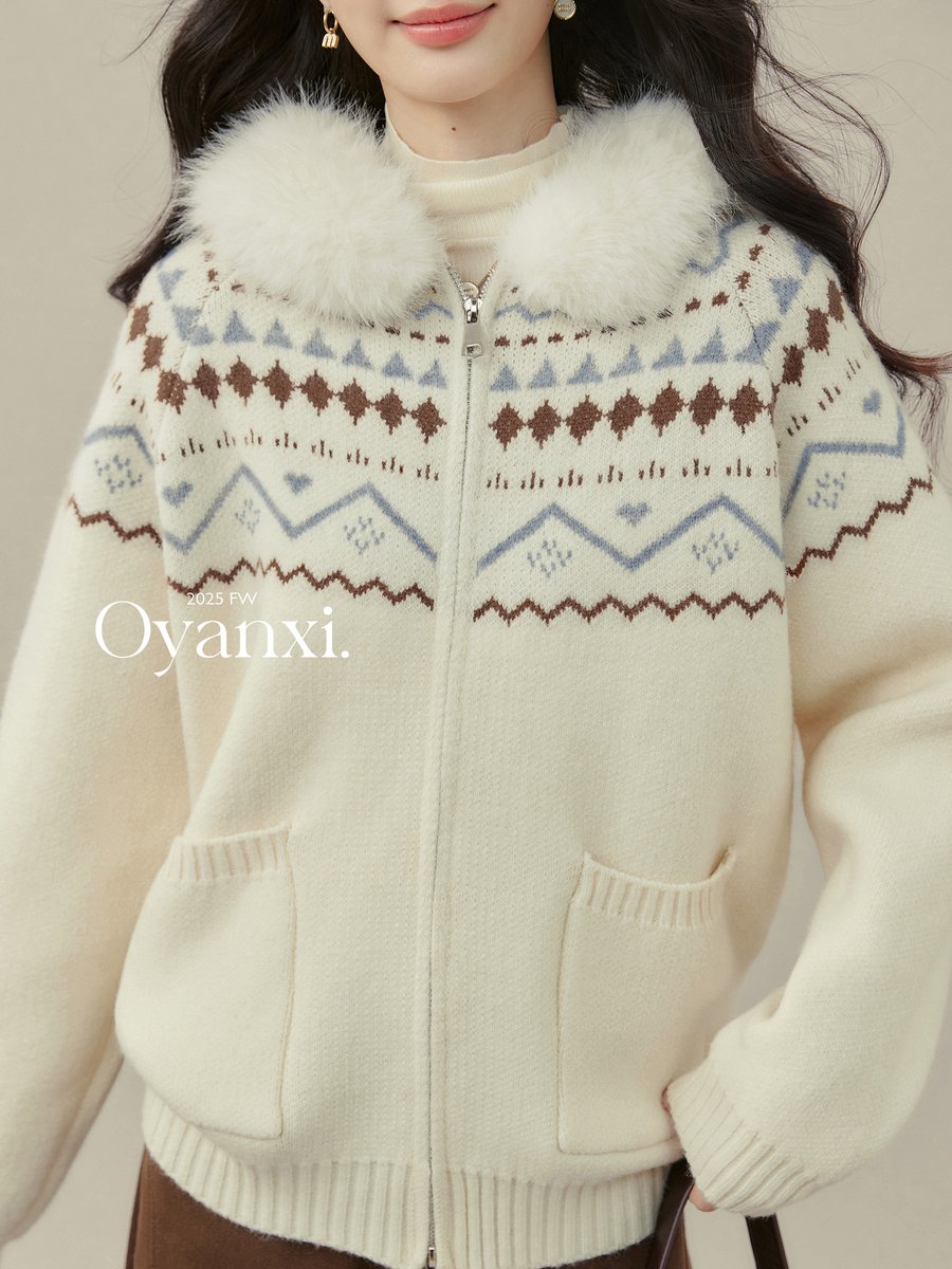 OYANXI フェアアイル柄 ファー付きフード ニットカーディガン