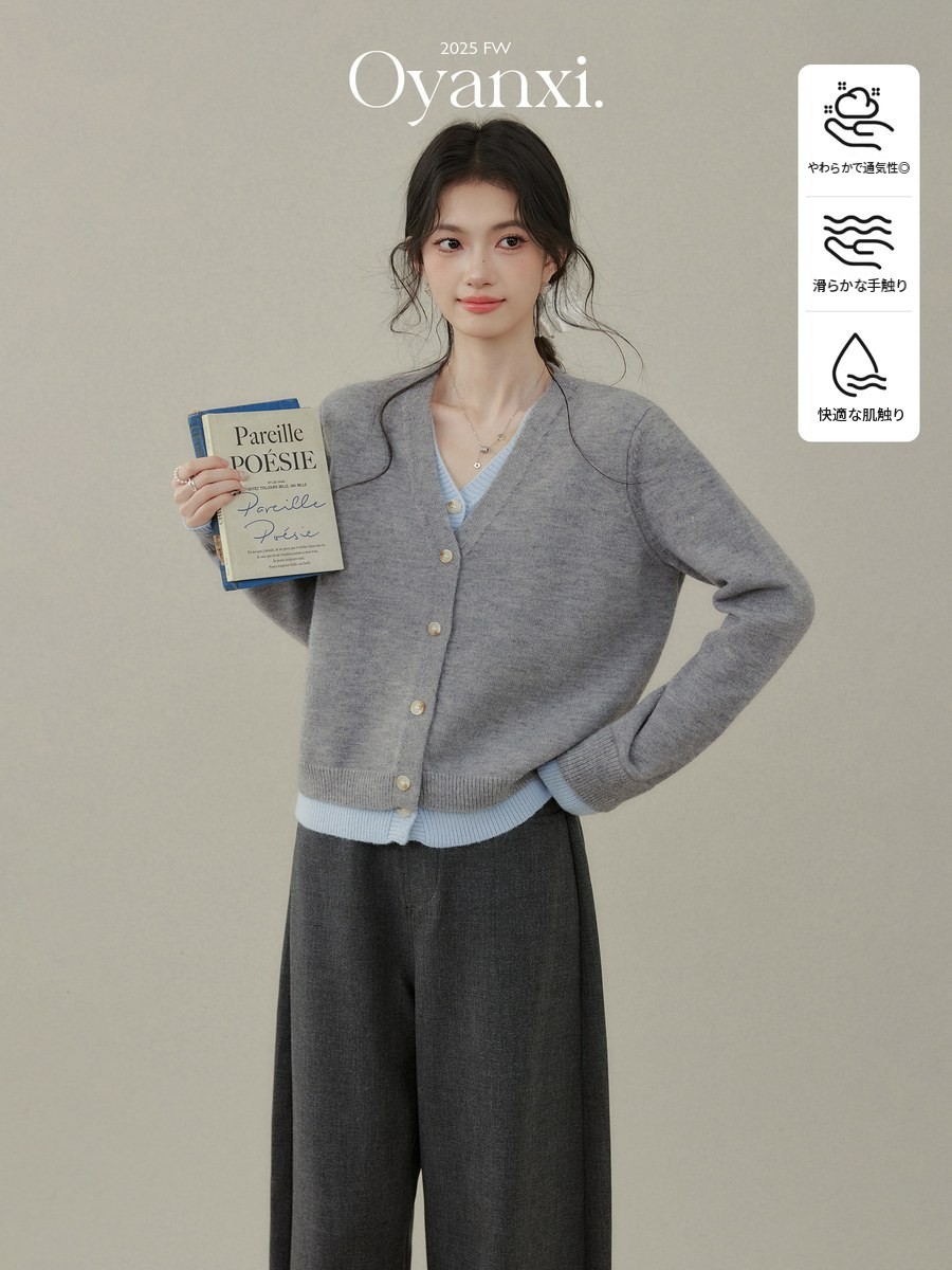 OYANXI フェイクレイヤード 配色切り替え ニットトップス