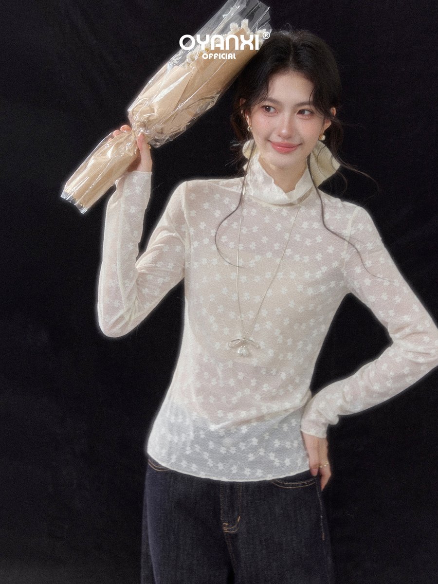 OYANXI シアーレース ハーフハイネック 長袖インナーTシャツ