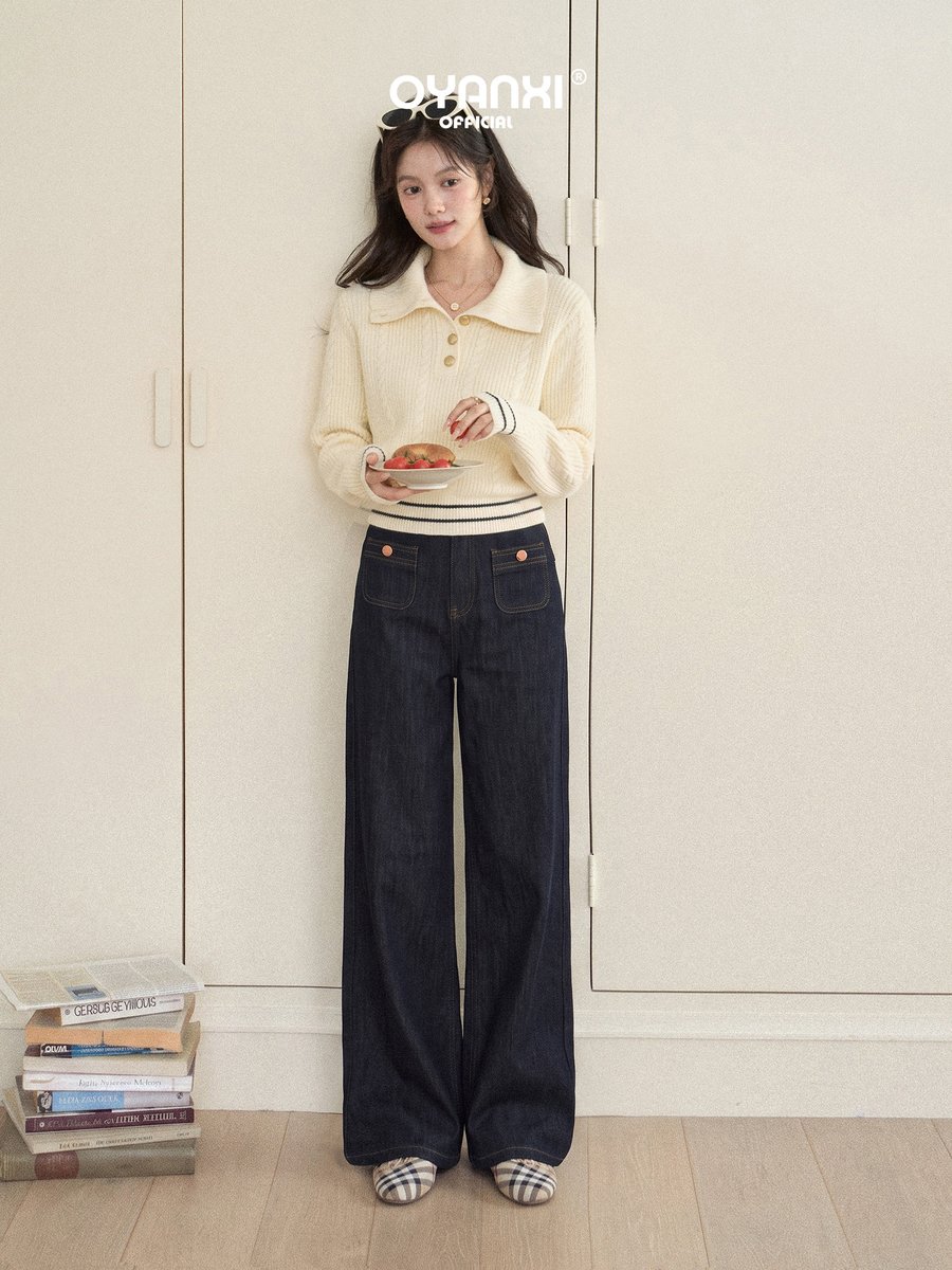 OYANXI レトロ ハイウエスト ロング丈 ワイドデニムパンツ