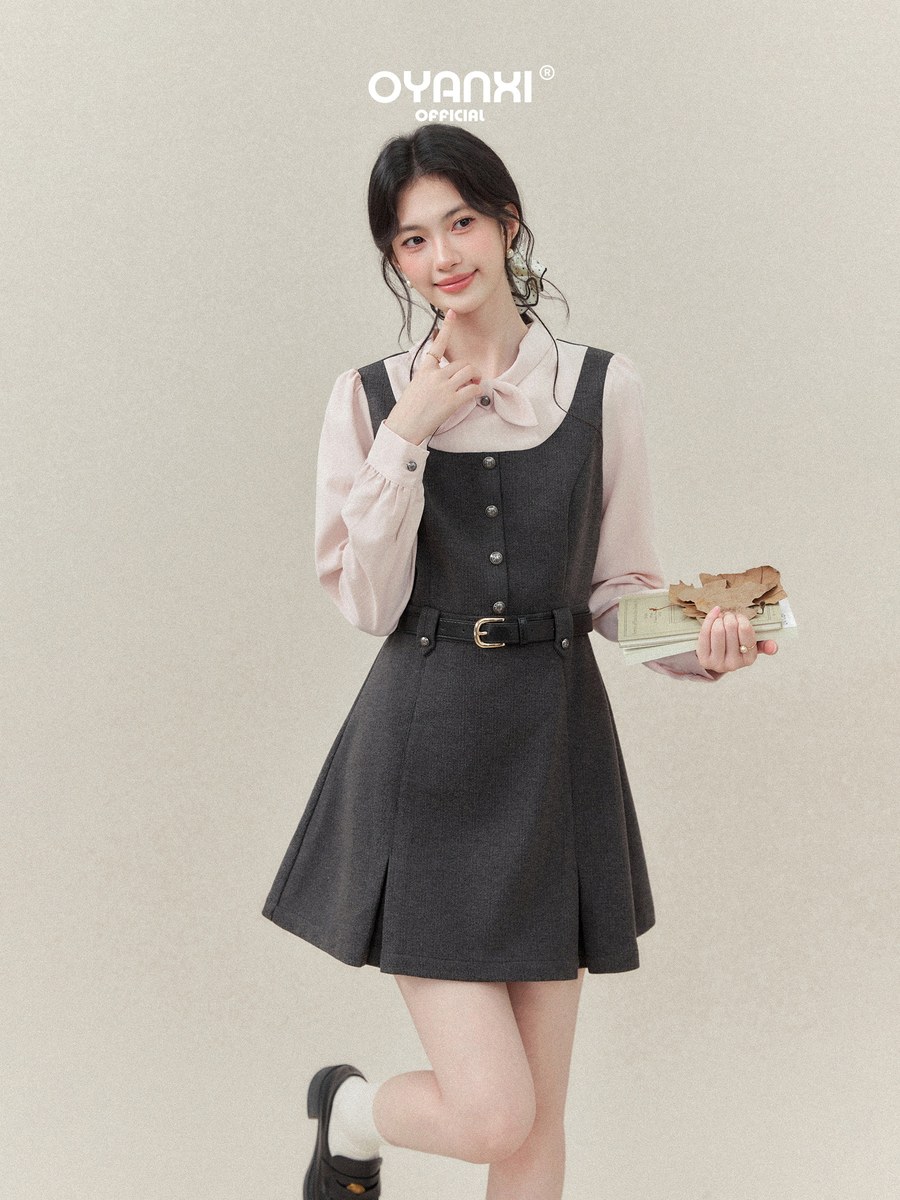 OYANXI スタンドカラー リボン フェイクレイヤード ワンピース