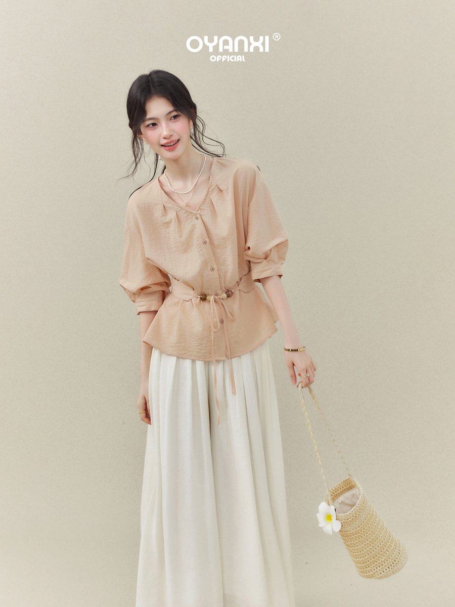 OYANXI Vネック ウエストリボン 七分袖シャツ