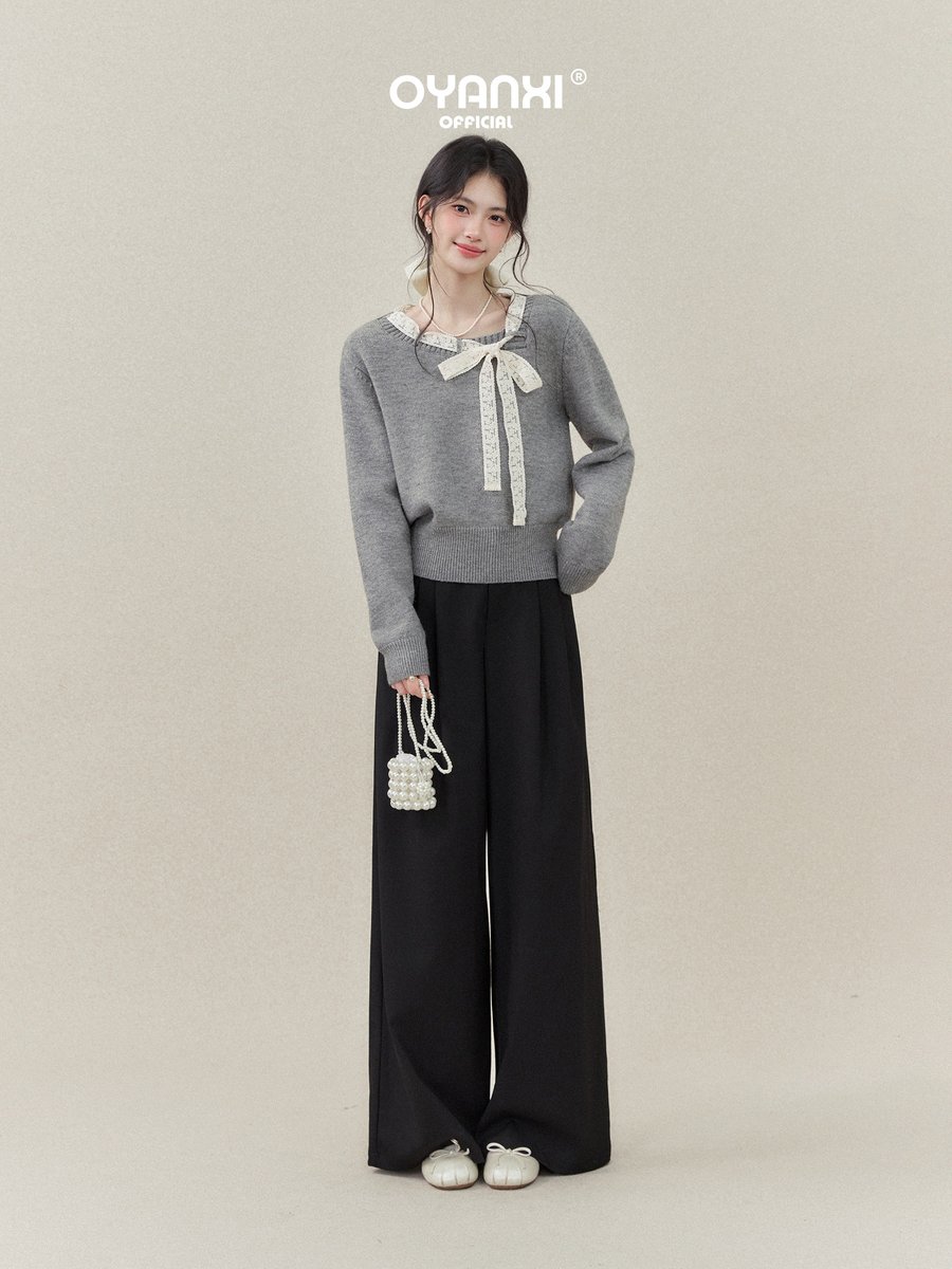 OYANXI レースウエスト タック入り とろみ ハイウエストワイドパンツ