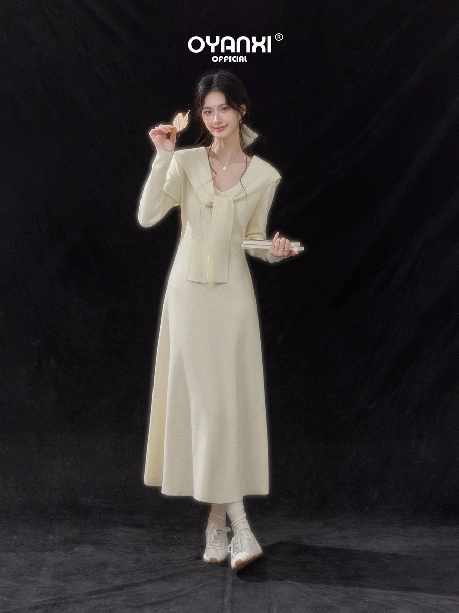 OYANXI Vネック ショール付き ウエストシェイプ 長袖ワンピース