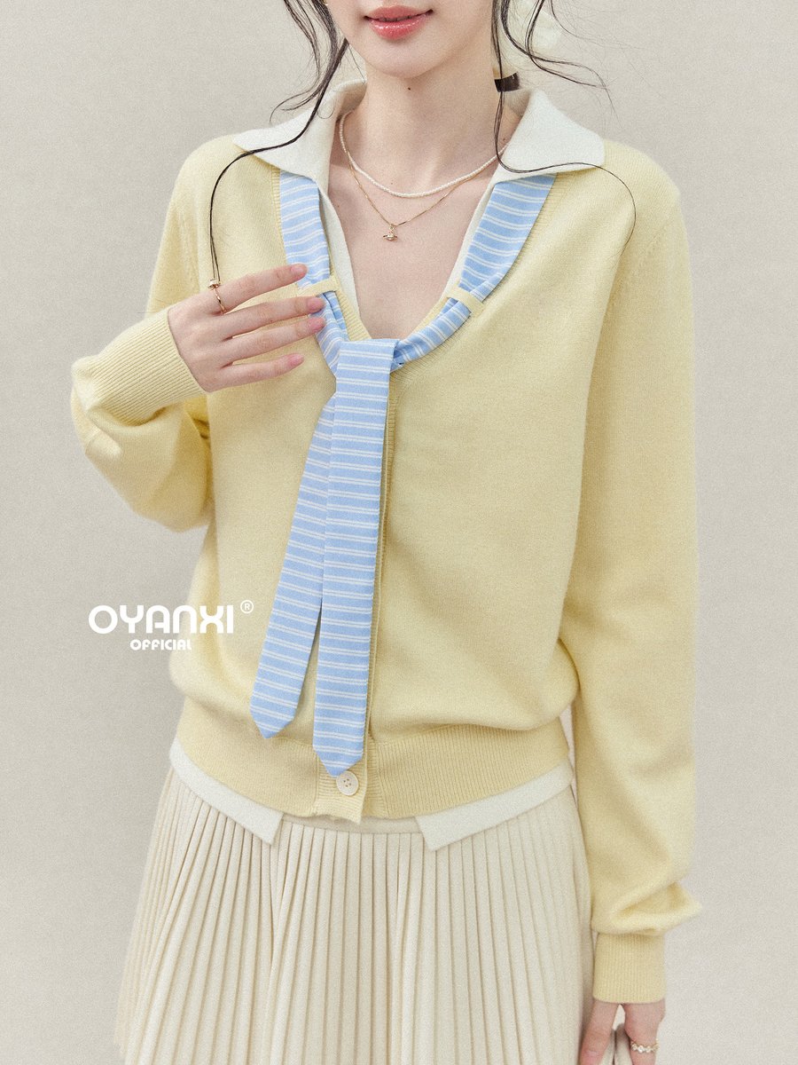 OYANXI ネクタイ付き 配色 Vネック ショート丈ニットカーディガン