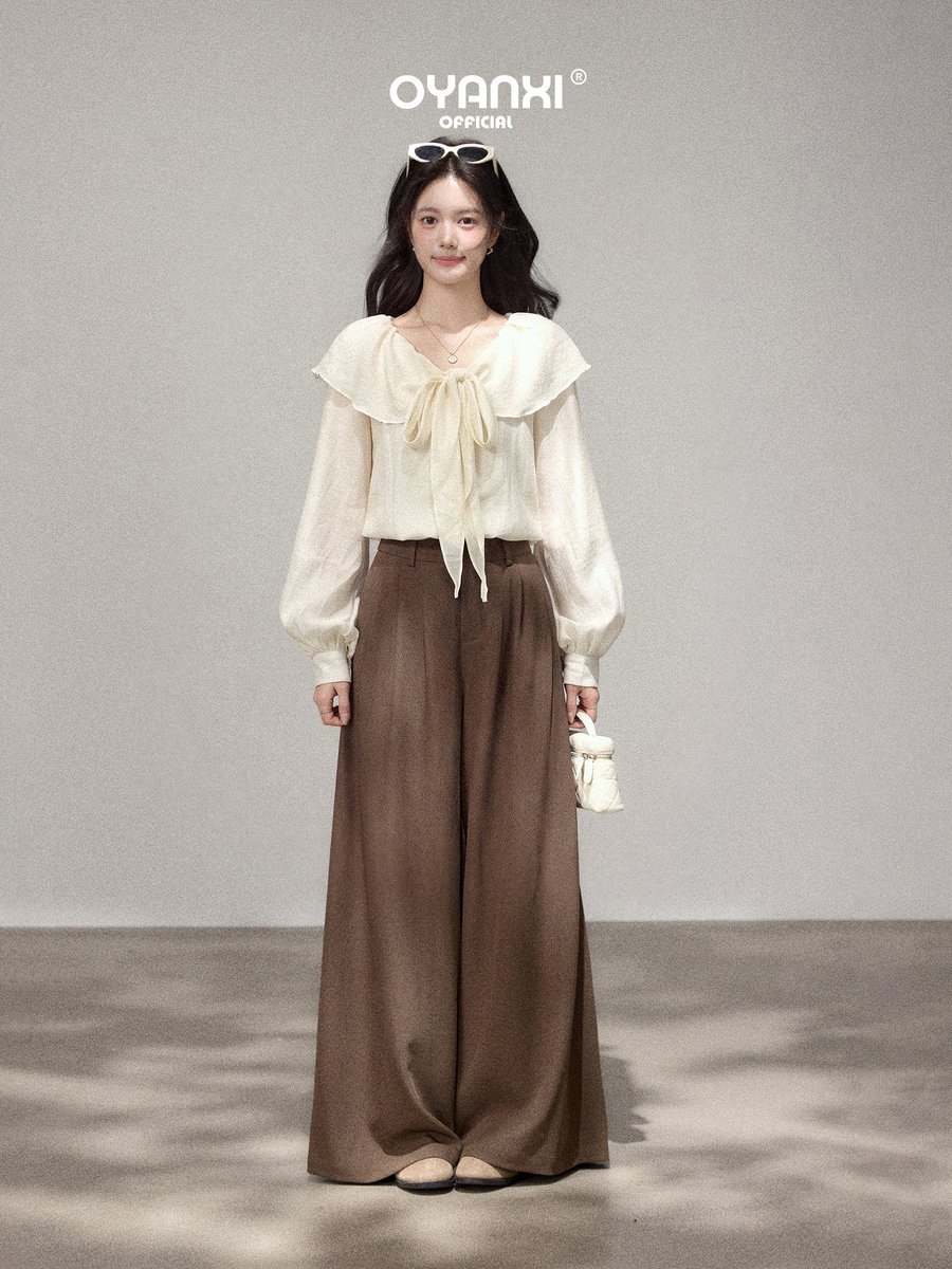 OYANXI フリルネック ランタンスリーブ ゆったり長袖ブラウス