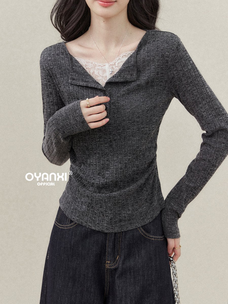 OYANXI レーストリム Vネック フェイクレイヤードTシャツ