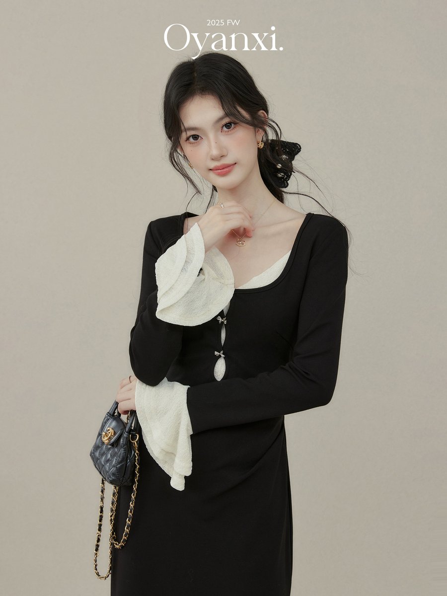 OYANXI フェイクレイヤード 切り替え タイトロングワンピース