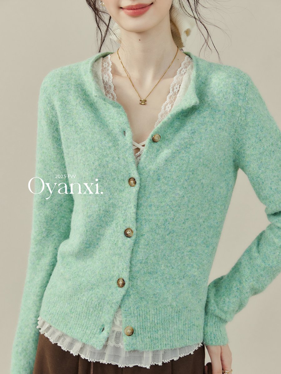 OYANXI ミントグリーン 長袖ニットカーディガン