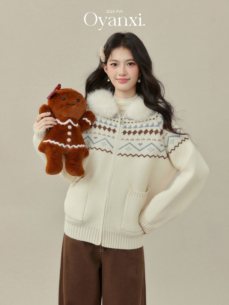OYANXI フェアアイル柄 ファー付きフード ニットカーディガン