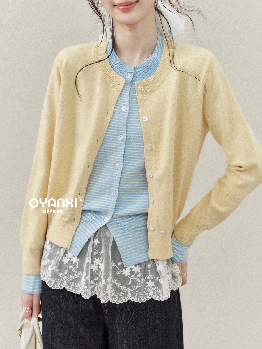 OYANXI バイカラー 折り襟 フェイクレイヤード ニットカーディガン
