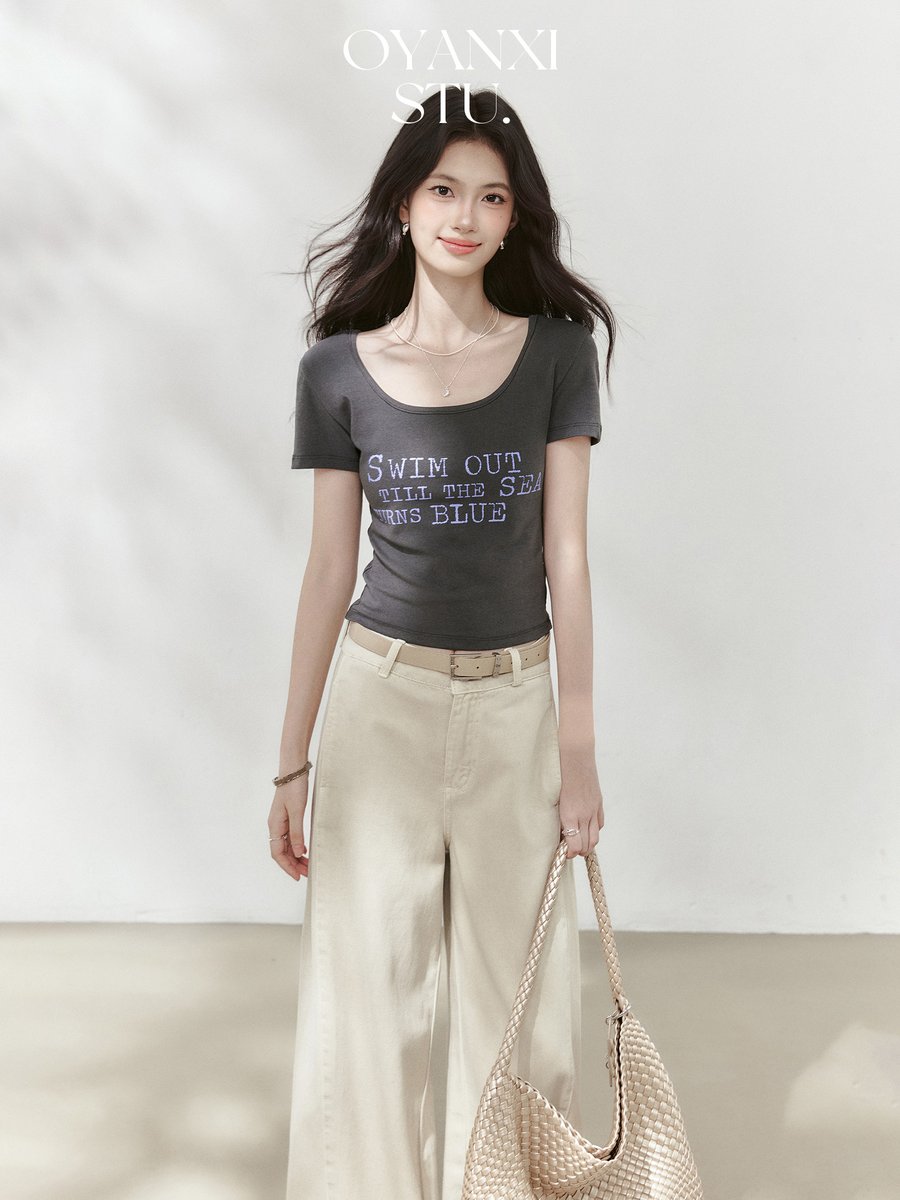 OYANXI ロゴプリント Uネック 半袖Tシャツ