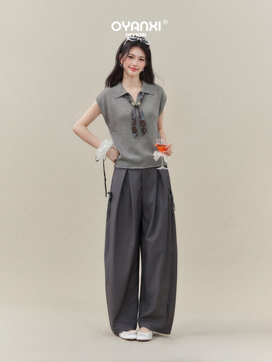 OYANXI スカーフ付き 襟付き パフスリーブ 半袖Tシャツ