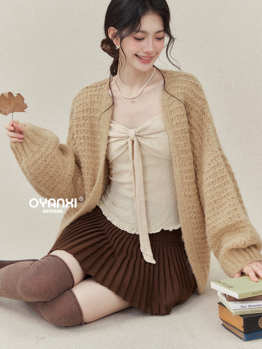 OYANXI 透かし編み ランタンスリーブ ゆったり ニットカーディガン