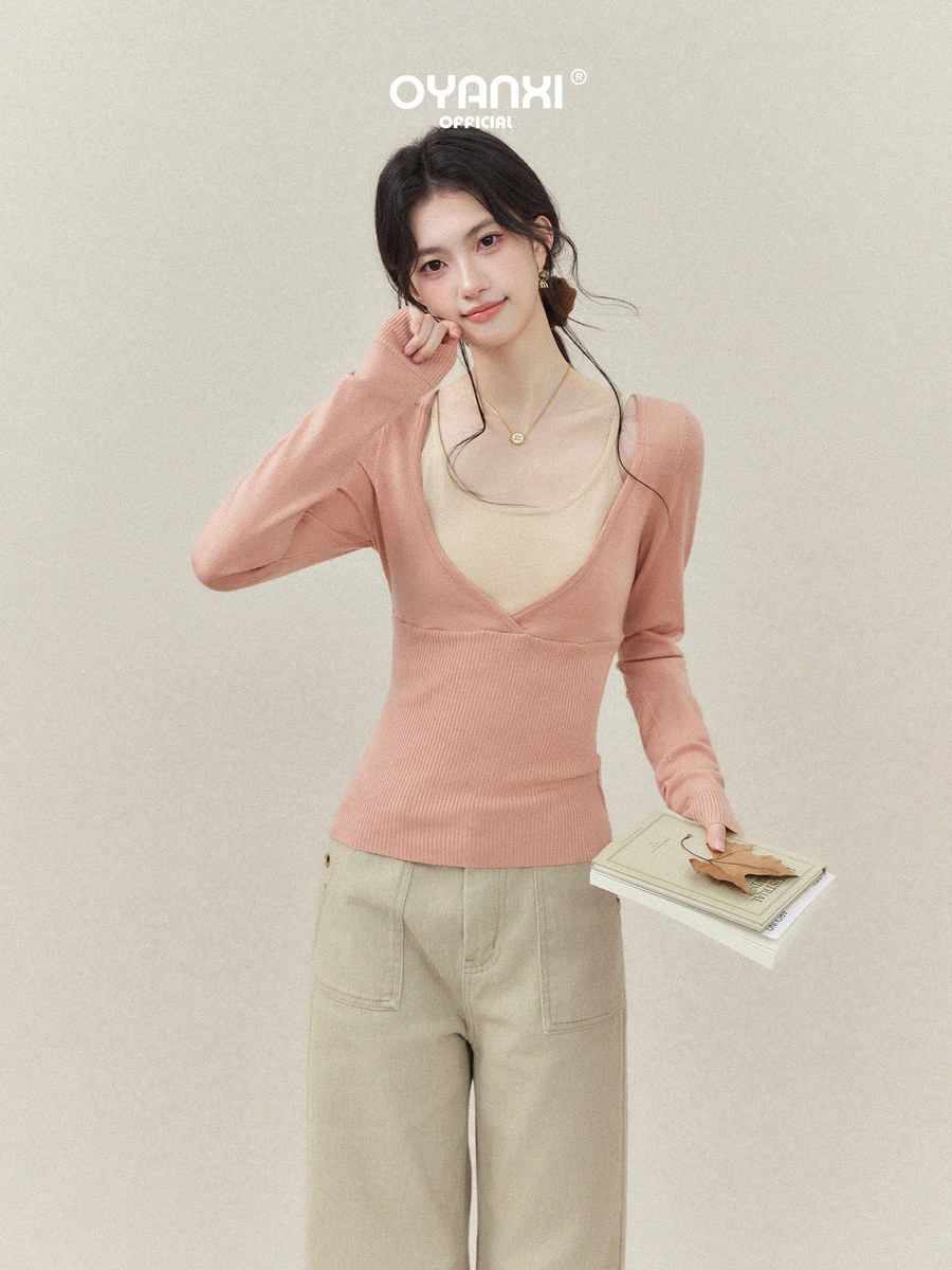 OYANXI フェイクレイヤード スリム 長袖ニットトップス