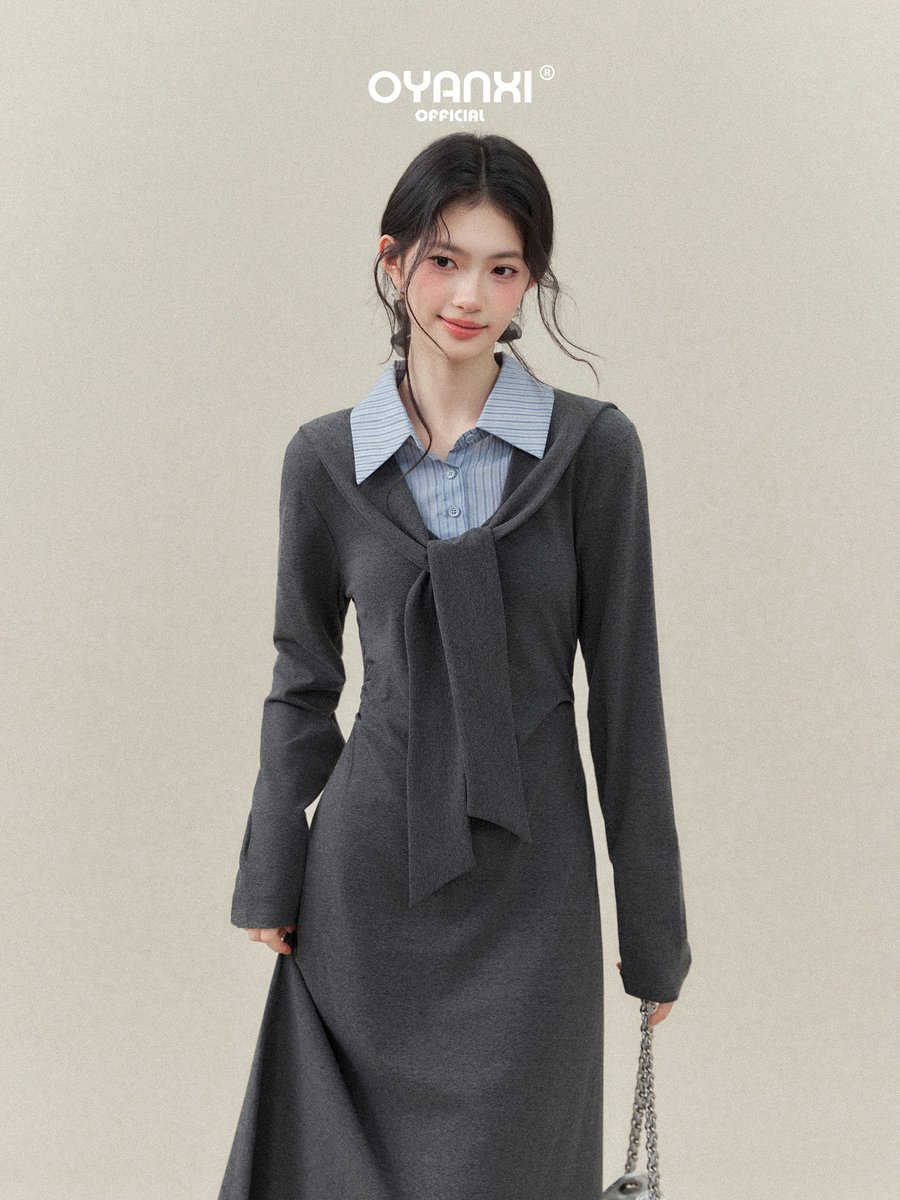 OYANXI ストライプシャツ切り替え Aライン ワンピース