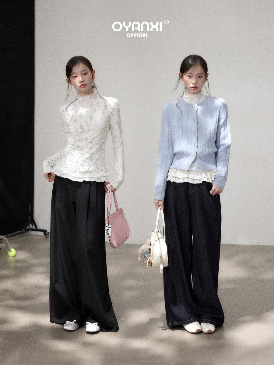 OYANXI ドット柄 ハイネック フリル裾 長袖Tシャツ