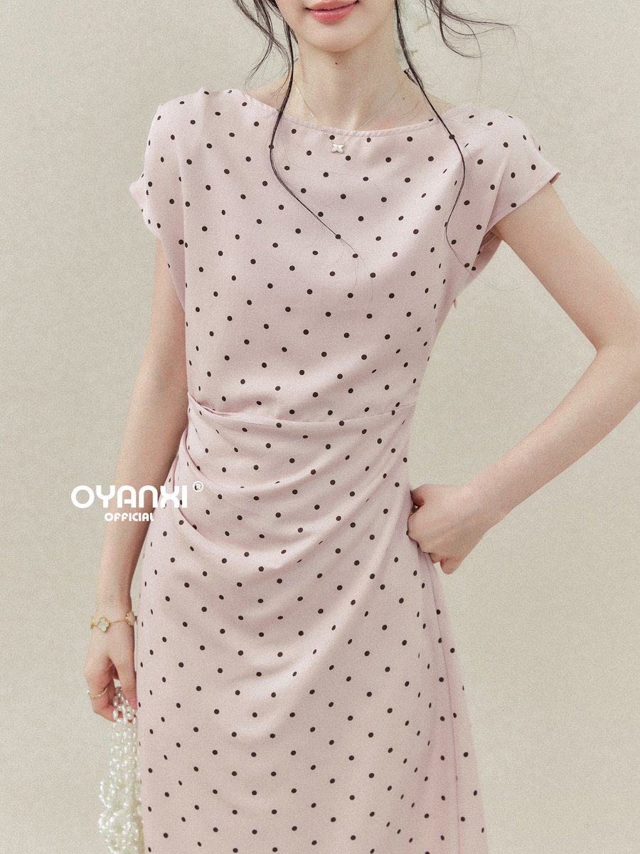 OYANXI ドット柄 クルーネック ウエストシェイプ ワンピース