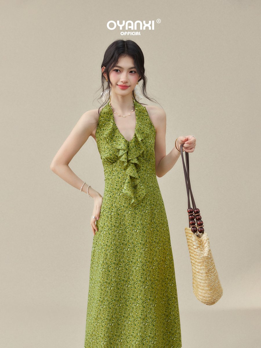 OYANXI 小花柄 ホルターネック Vネック ロングワンピース