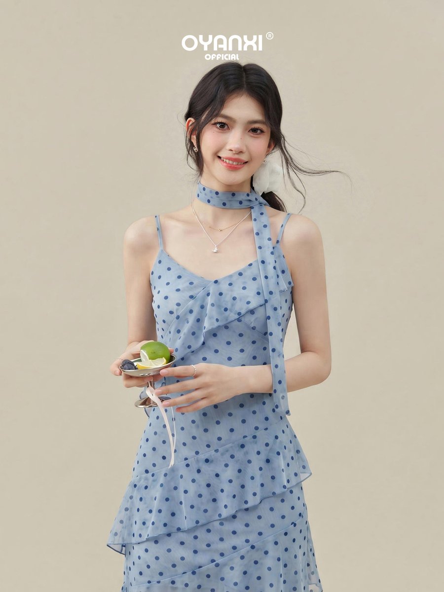 OYANXI ドット柄 Vネック キャミソールワンピース スカーフ付き