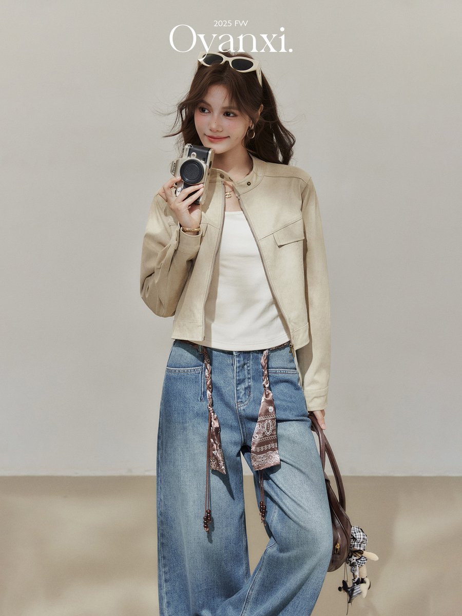 OYANXI ハイウエスト ストレート ワイドデニムパンツ
