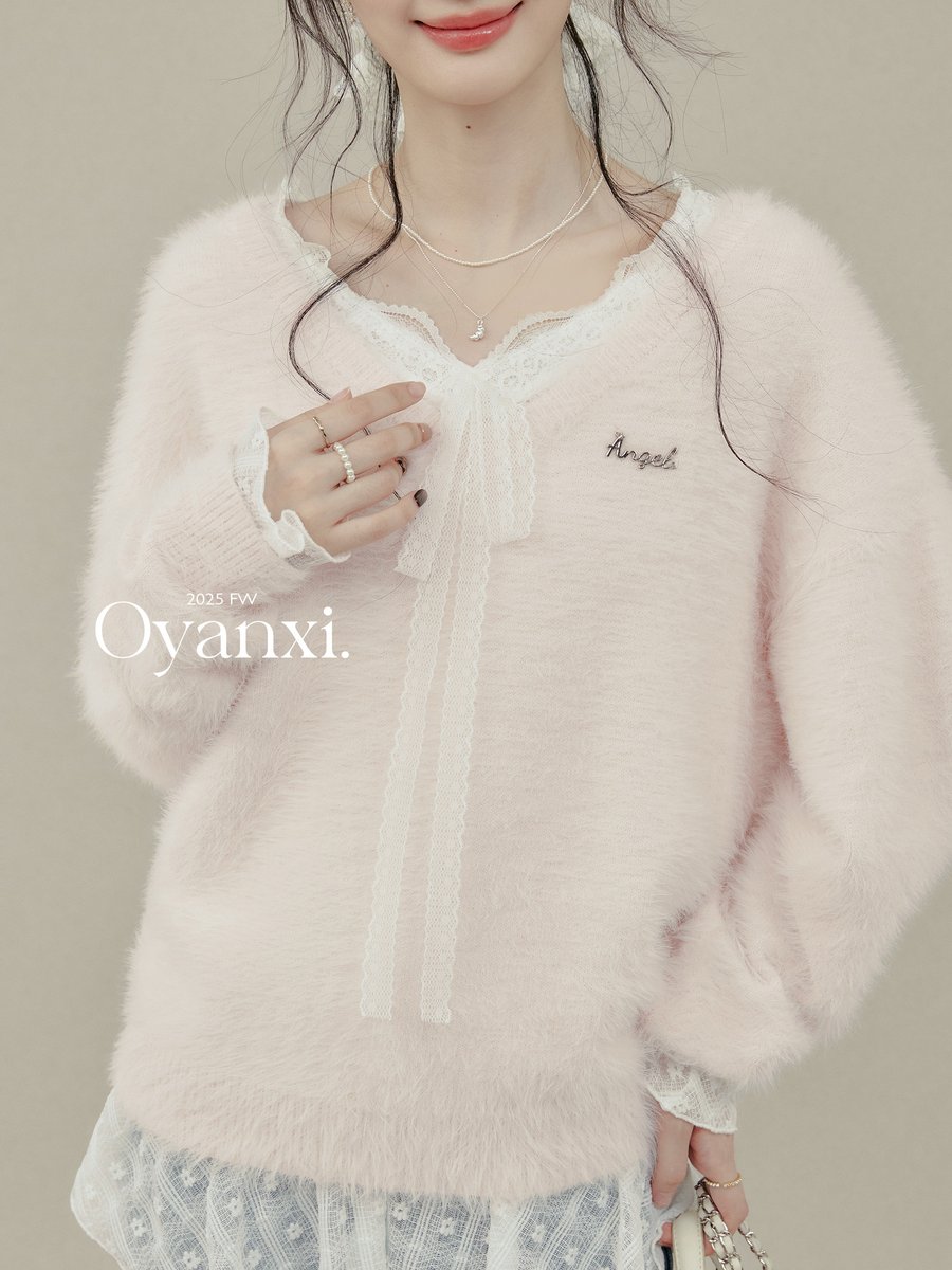 OYANXI Vネック ベルスリーブ ピンクニット