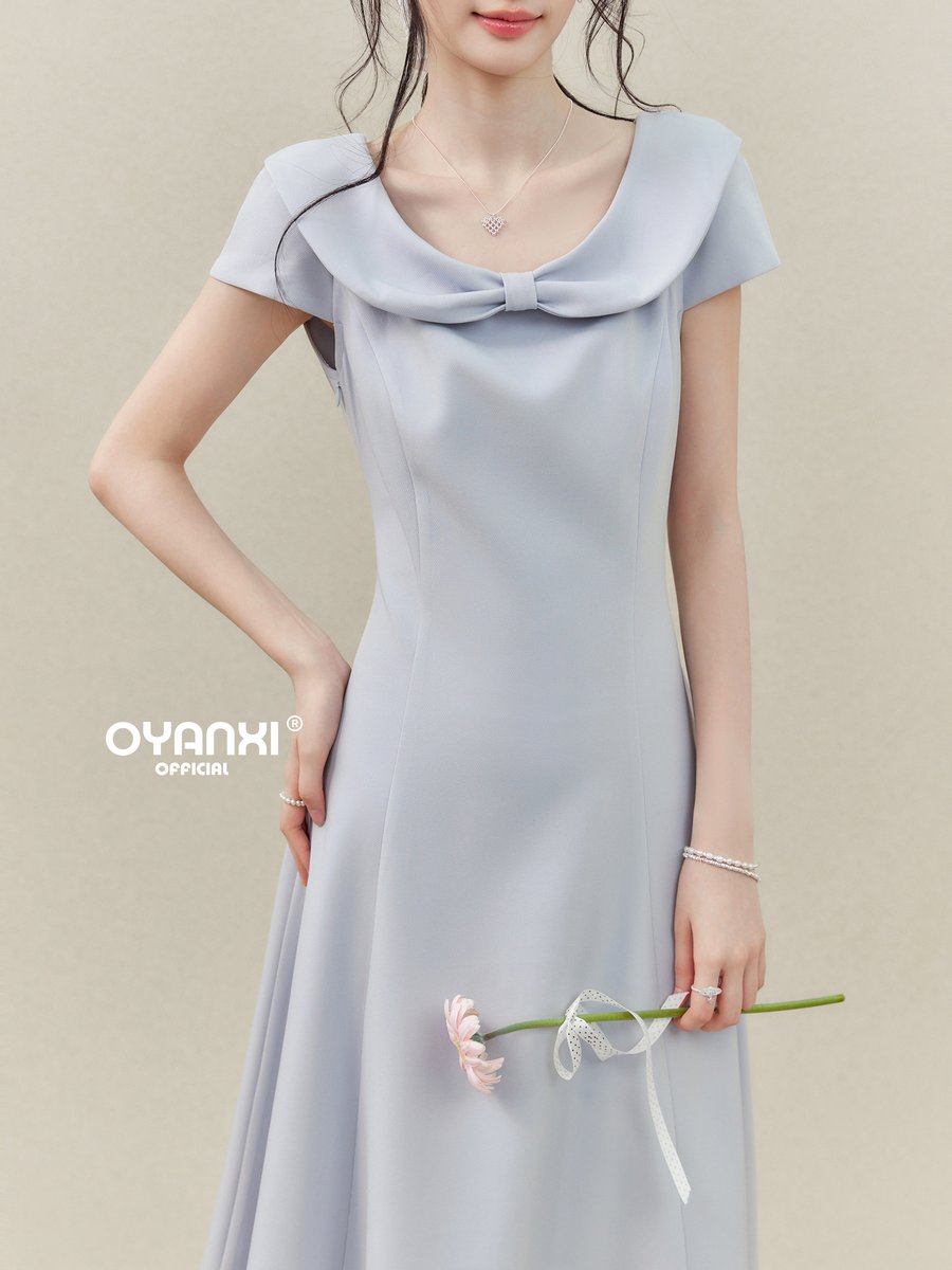 OYANXI 丸襟 リボン ウエストシェイプ 半袖ワンピース