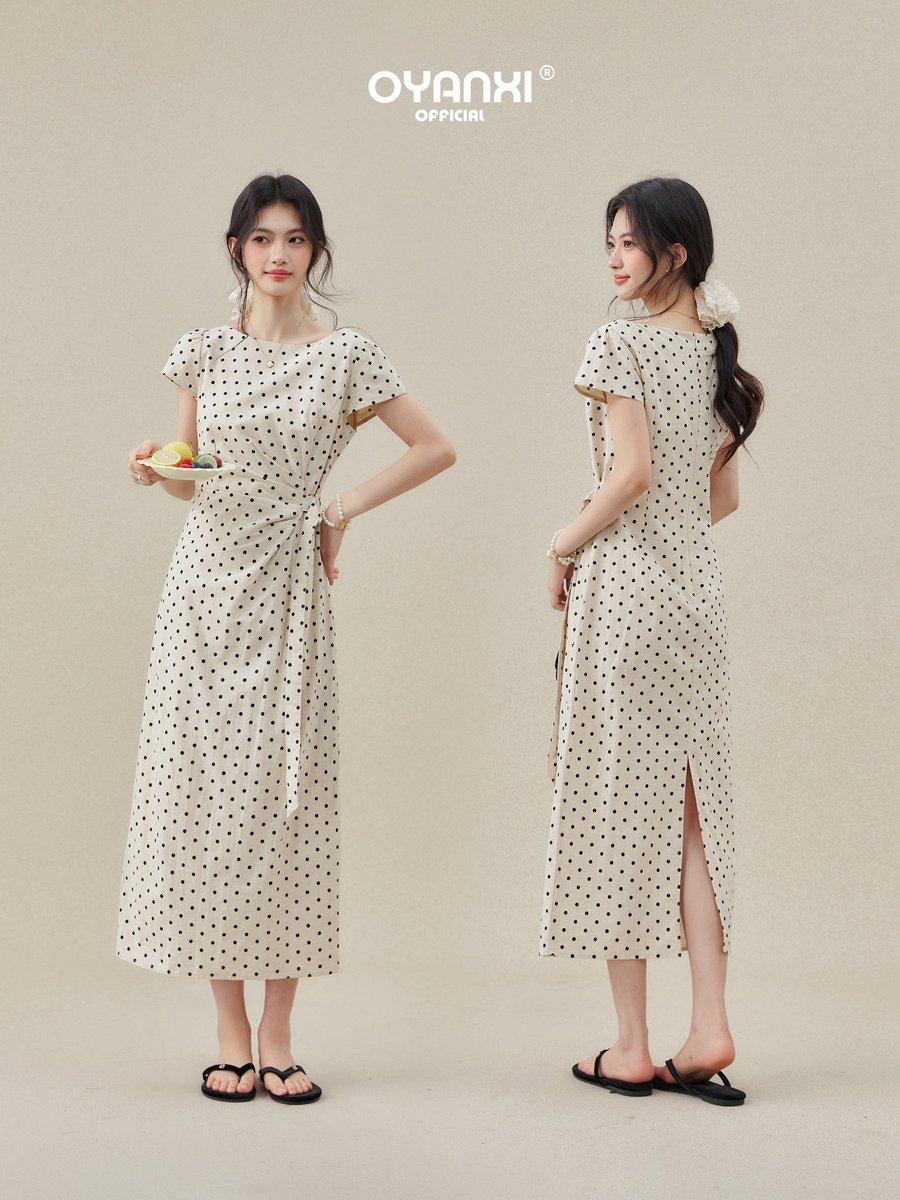 OYANXI ドット柄 クルーネック 半袖ロングワンピース