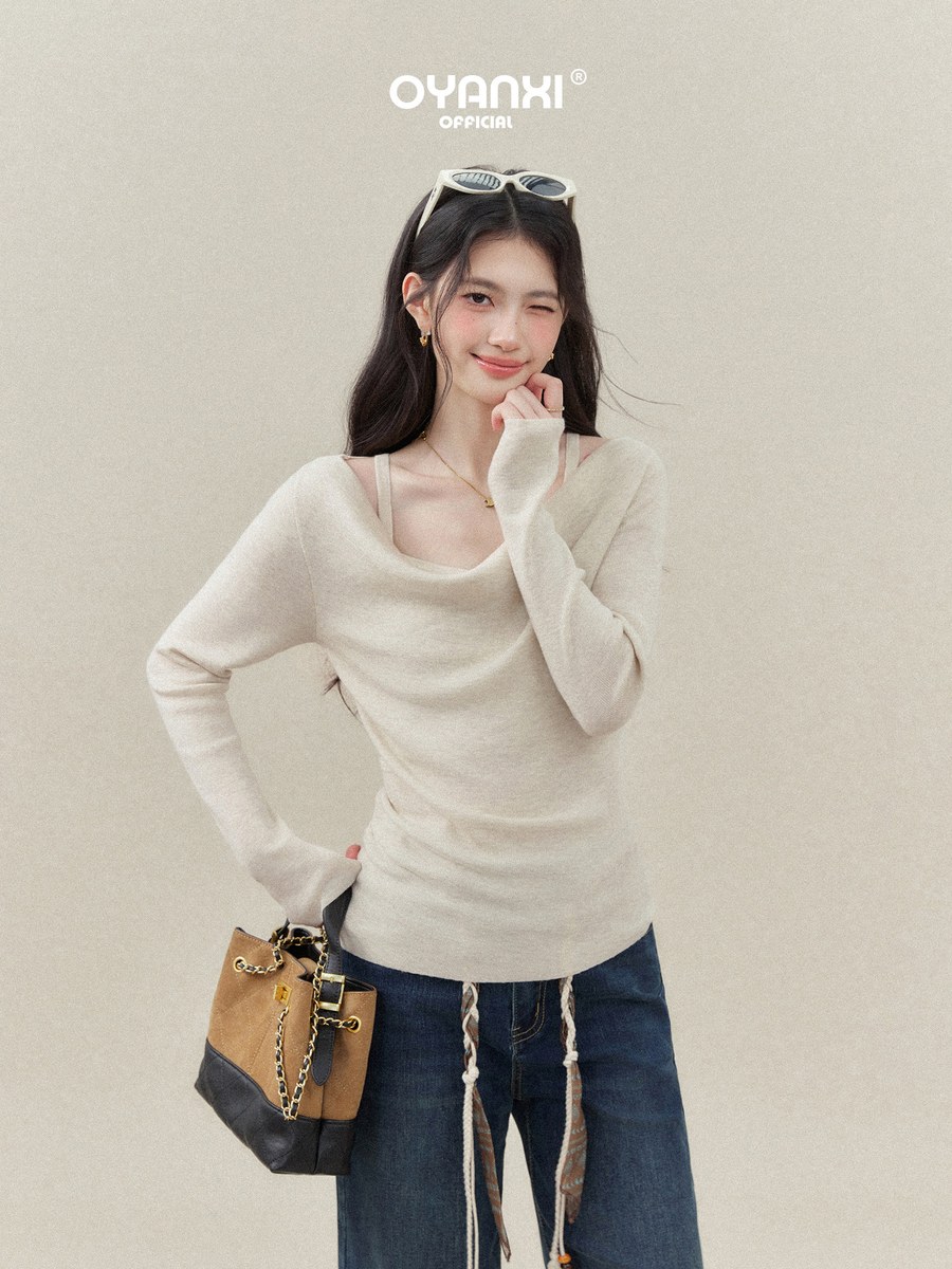 OYANXI ドレープネック フェイクレイヤード ニットトップス