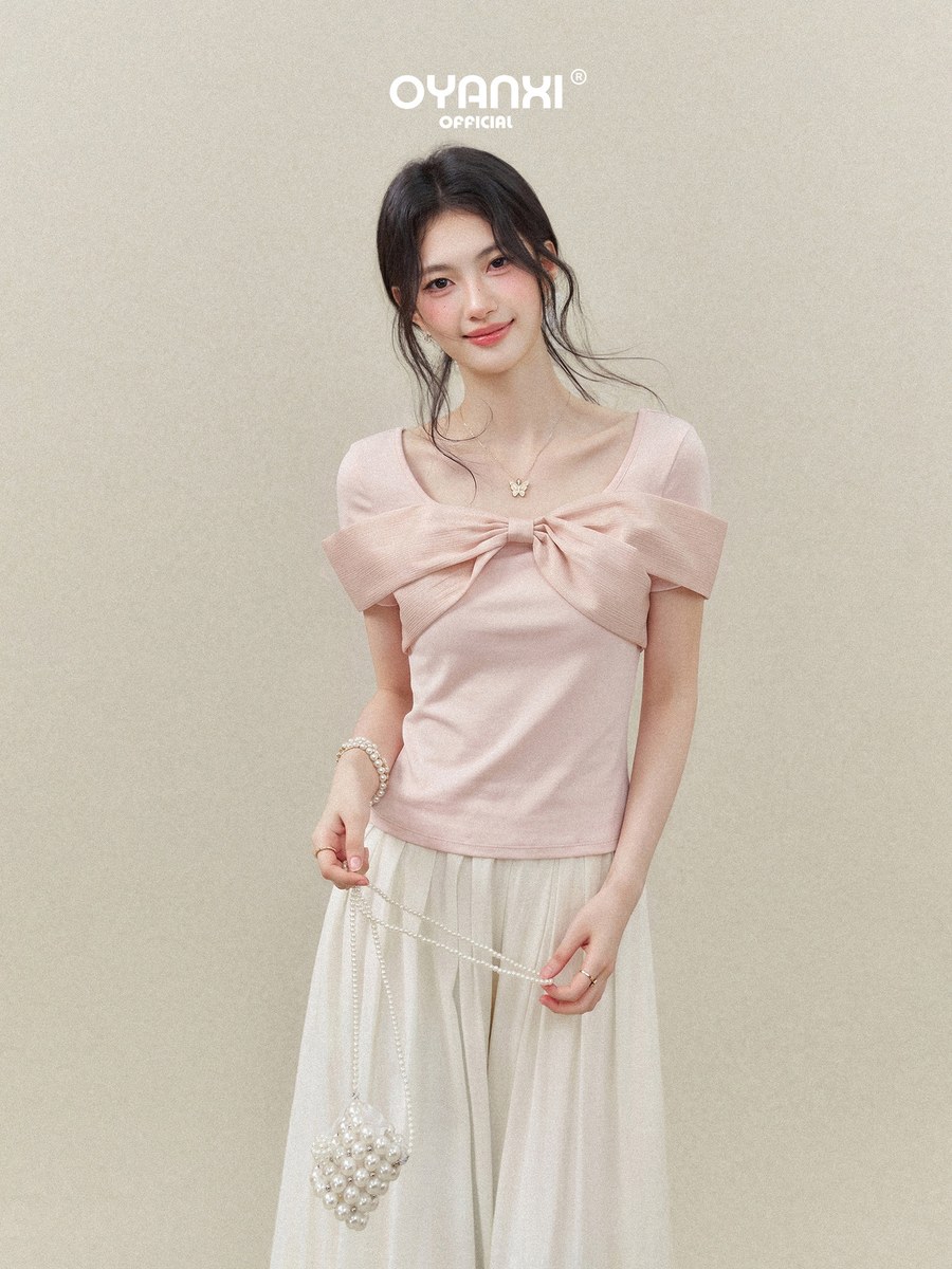 OYANXI Uネック リボン スリム 半袖Tシャツ