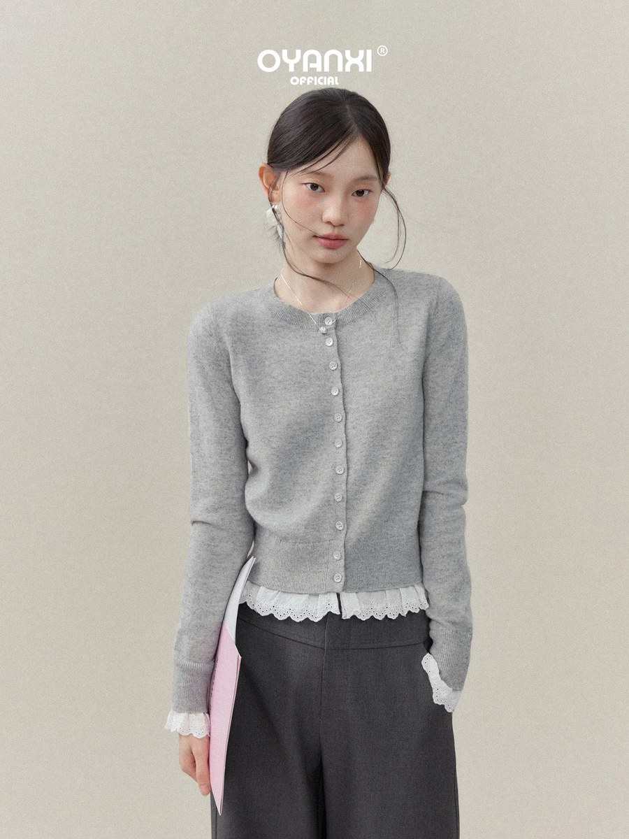 OYANXI レース袖口 フェイクレイヤード 長袖ニットトップス