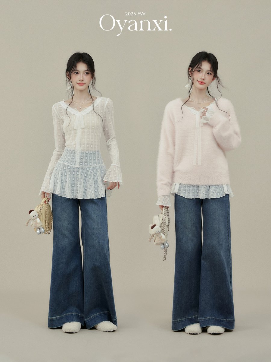 OYANXI レース レイヤード ミドル丈 カットソー