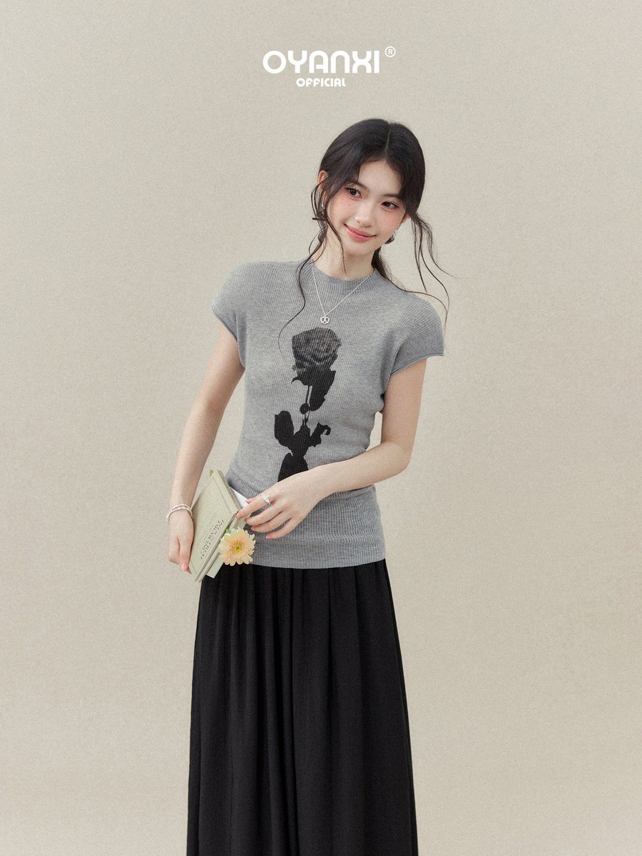 OYANXI フラワーモチーフ スリム 半袖ニットトップス