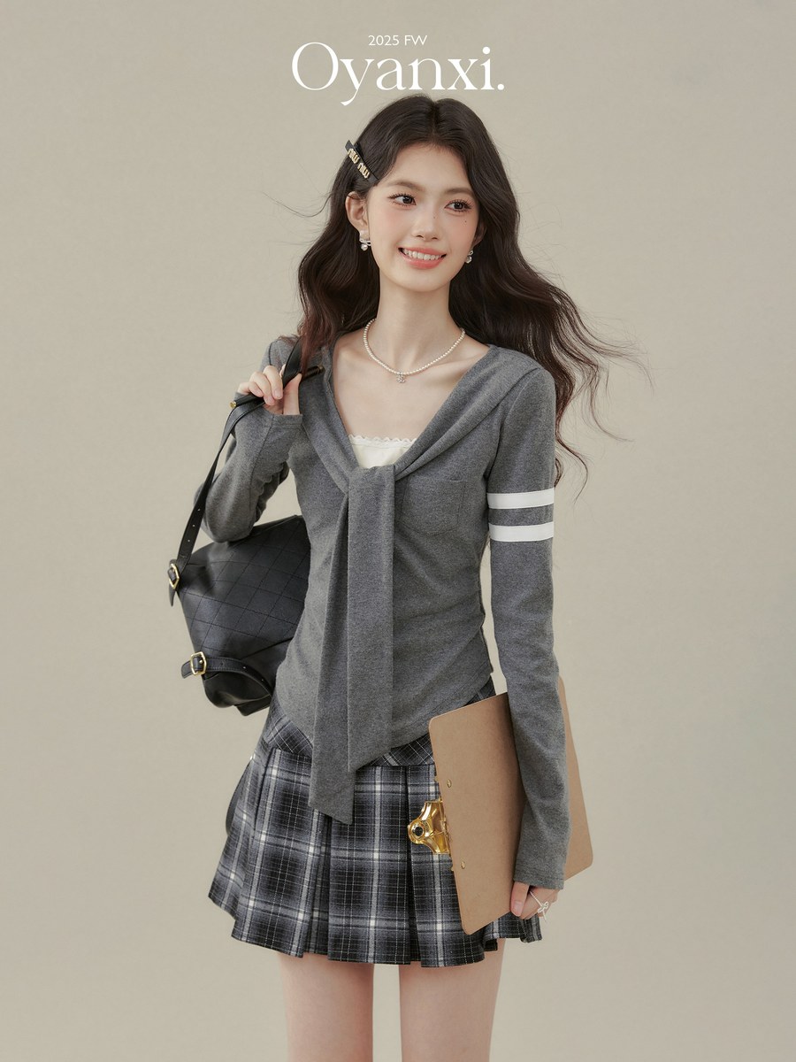 OYANXI ショール付き リボン ニット長袖Tシャツ